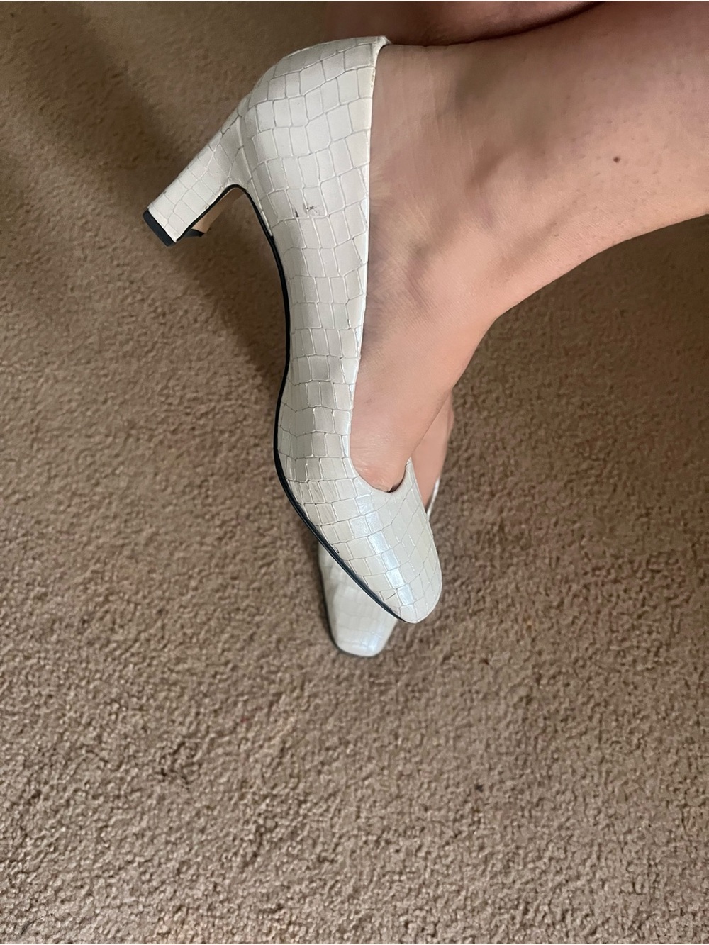 Vintage Etienne Aigner Cream Croc-Embossed Square Toe Block Heel Pumps